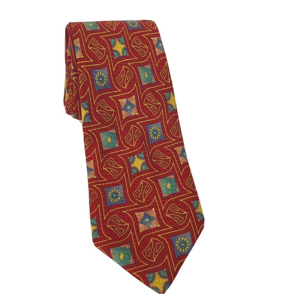Tino Cosma Mens 100% Silk Designer Necktie Geometric Red‎ Gold 4" Italy